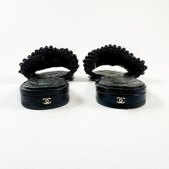 CHANEL Black Fantasy Pearl Cord Sandals Size 37 Mules Open Toe Slides CC Flat - Picture 6 of 12